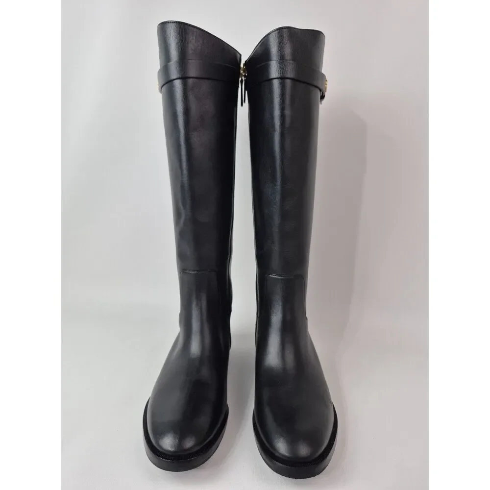 Tory Burch Women's Black Everly Strap Riding Boots Leather Size 7.5 Wide Calf